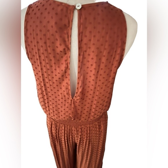 Anthro DRA Potter Jumpsuit Rust Copper Polka Dot Smocked SZ S - Picture 9 of 13